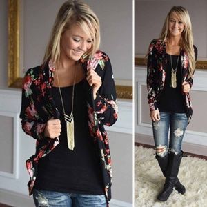 Black Floral Open Cardigan